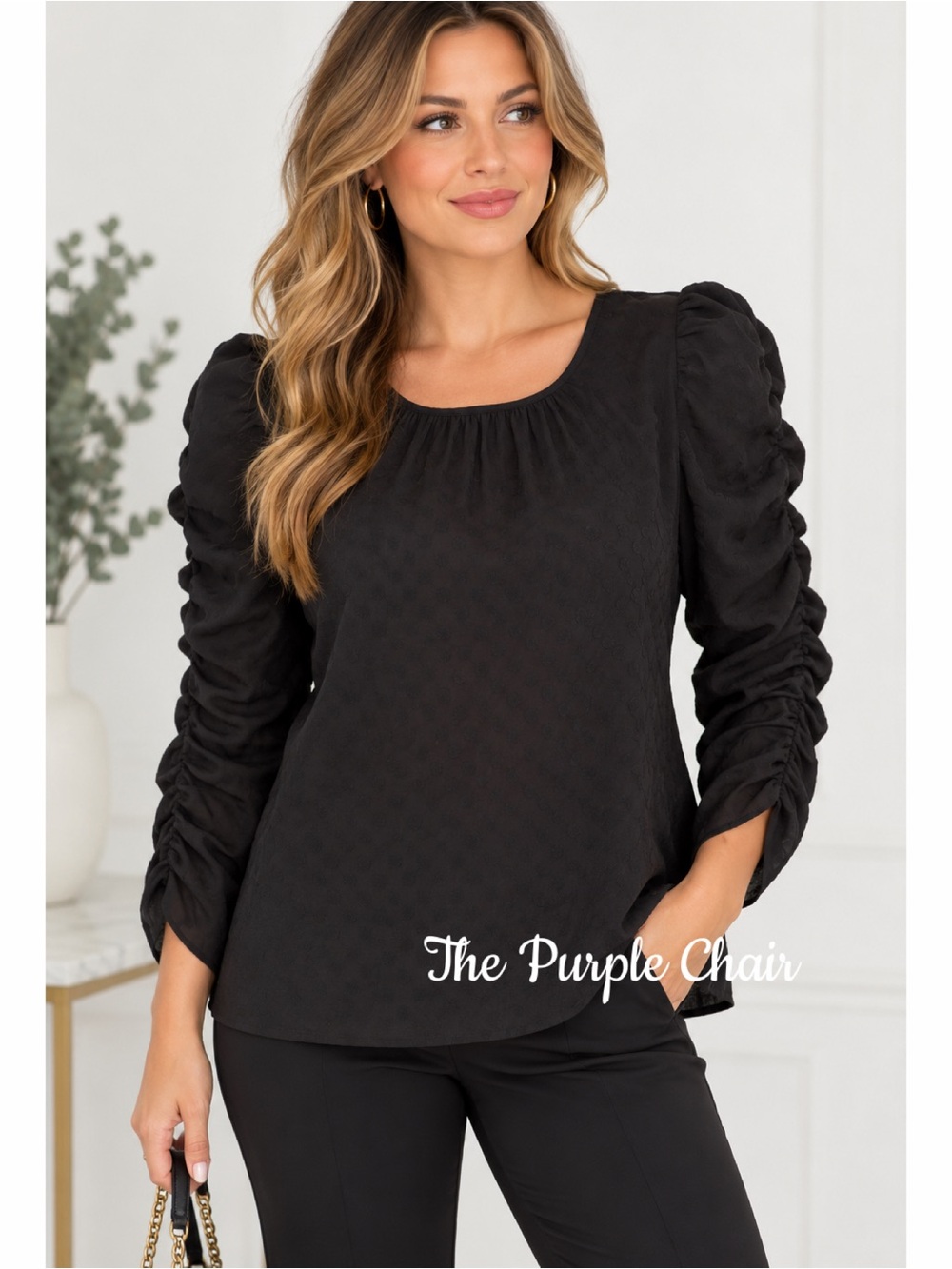 MAX STUDIO NWT Black Jacquard Shine Dot Ruched Sleeves Blouse XS